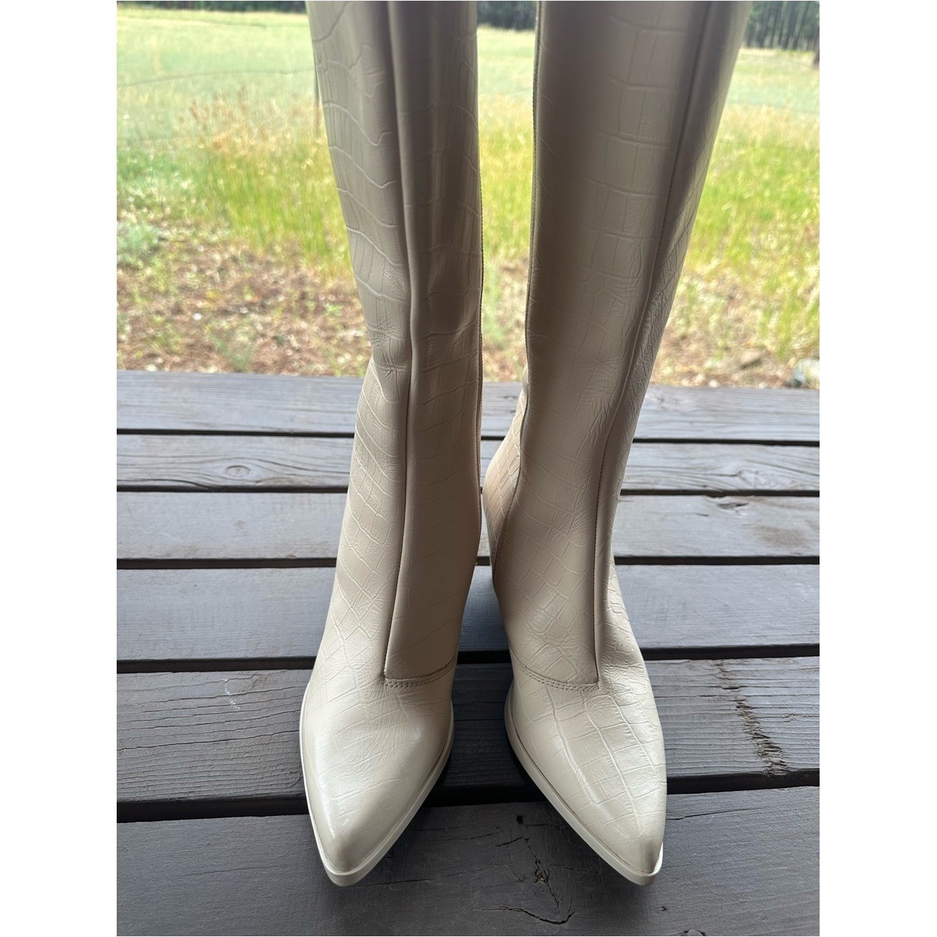 Seychelles Begging You Pointed Toe Croc Embossed Cream Leather Boots New!