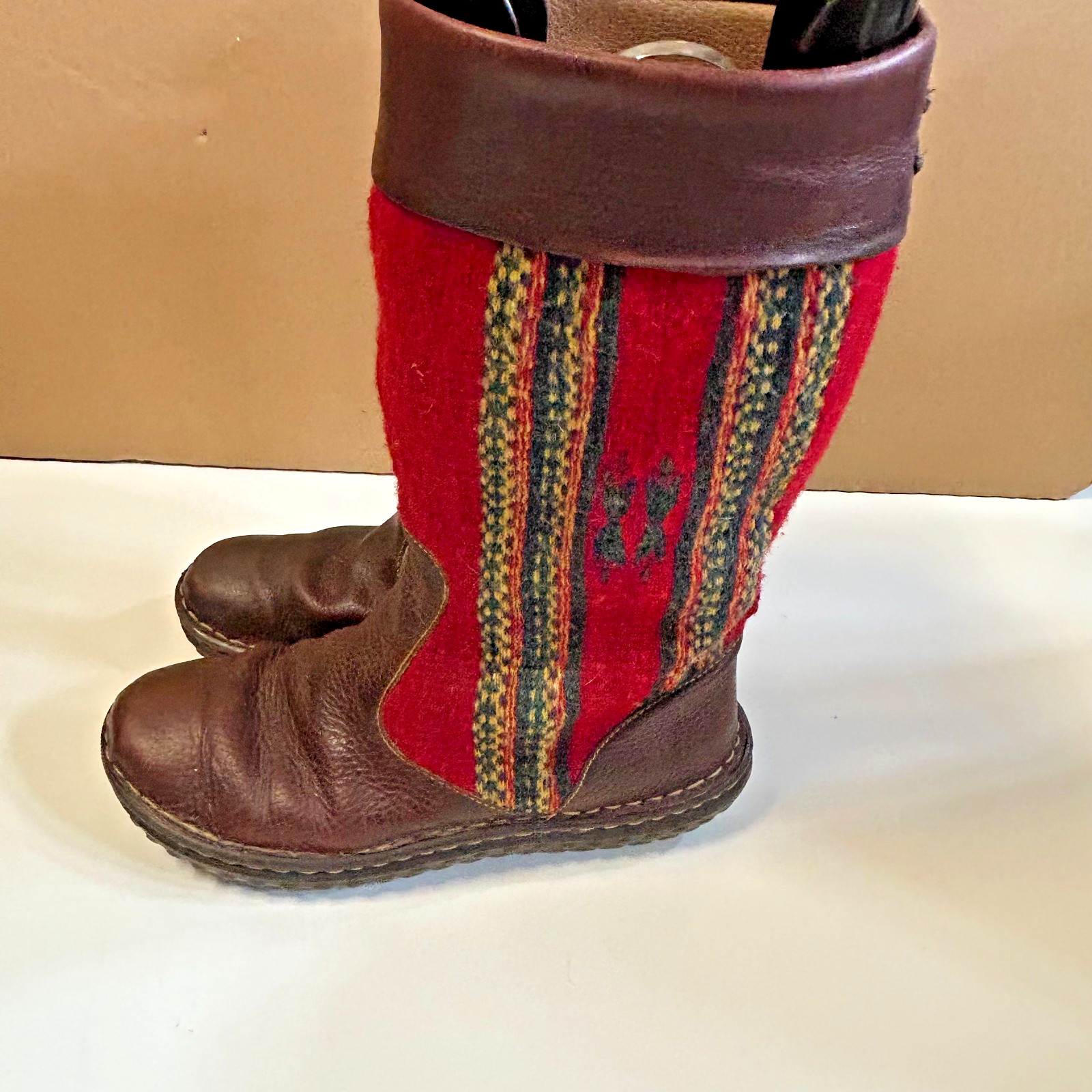 Born Tizoc Indain Blanket Mid Calf Boots Leather Wool Men 10 Women 8