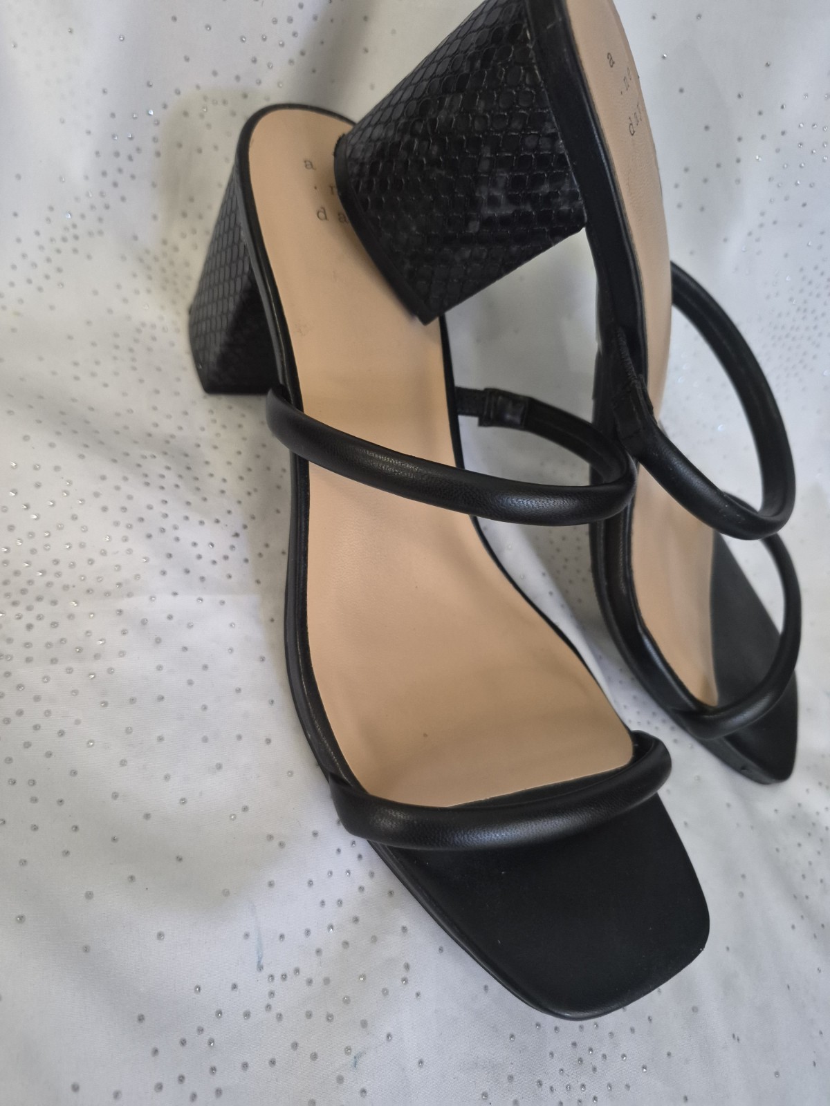 A New Day Brand, Black Strappy Heels, Size 8, 2.5 In Textured Cris Heel