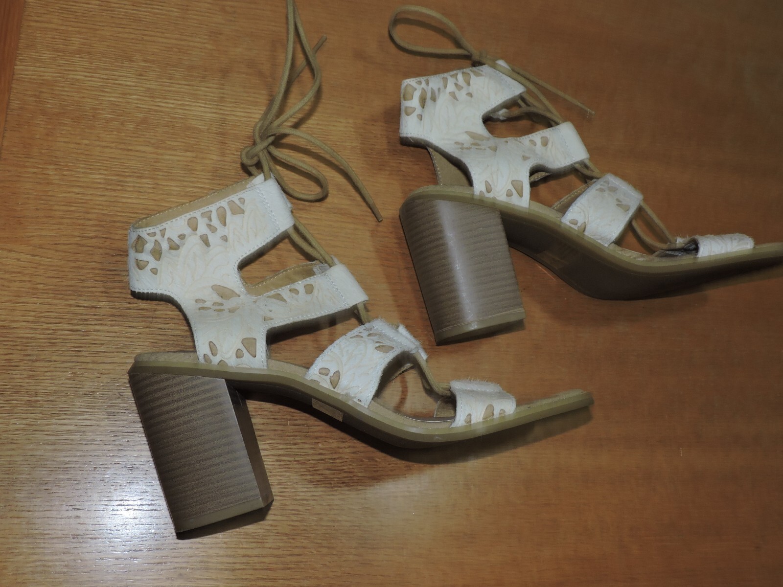Faryl Robin Brand Beige Lace Up Ankle/gladiator Sandal 3.75″Block Heels SZ 8.5M