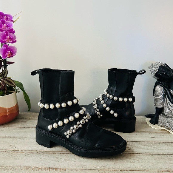 Zara Black Pearl-Embellished Strap Leather Ankle Boots – 6.5