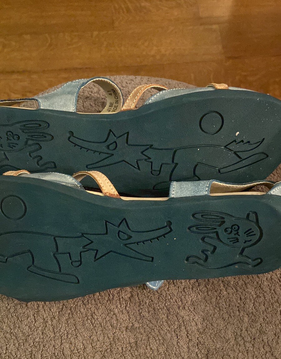 Bernie Mev Shoes Jibe Strappy Sandals Blue/Tan Leather Flats Hook & Loop 10.5