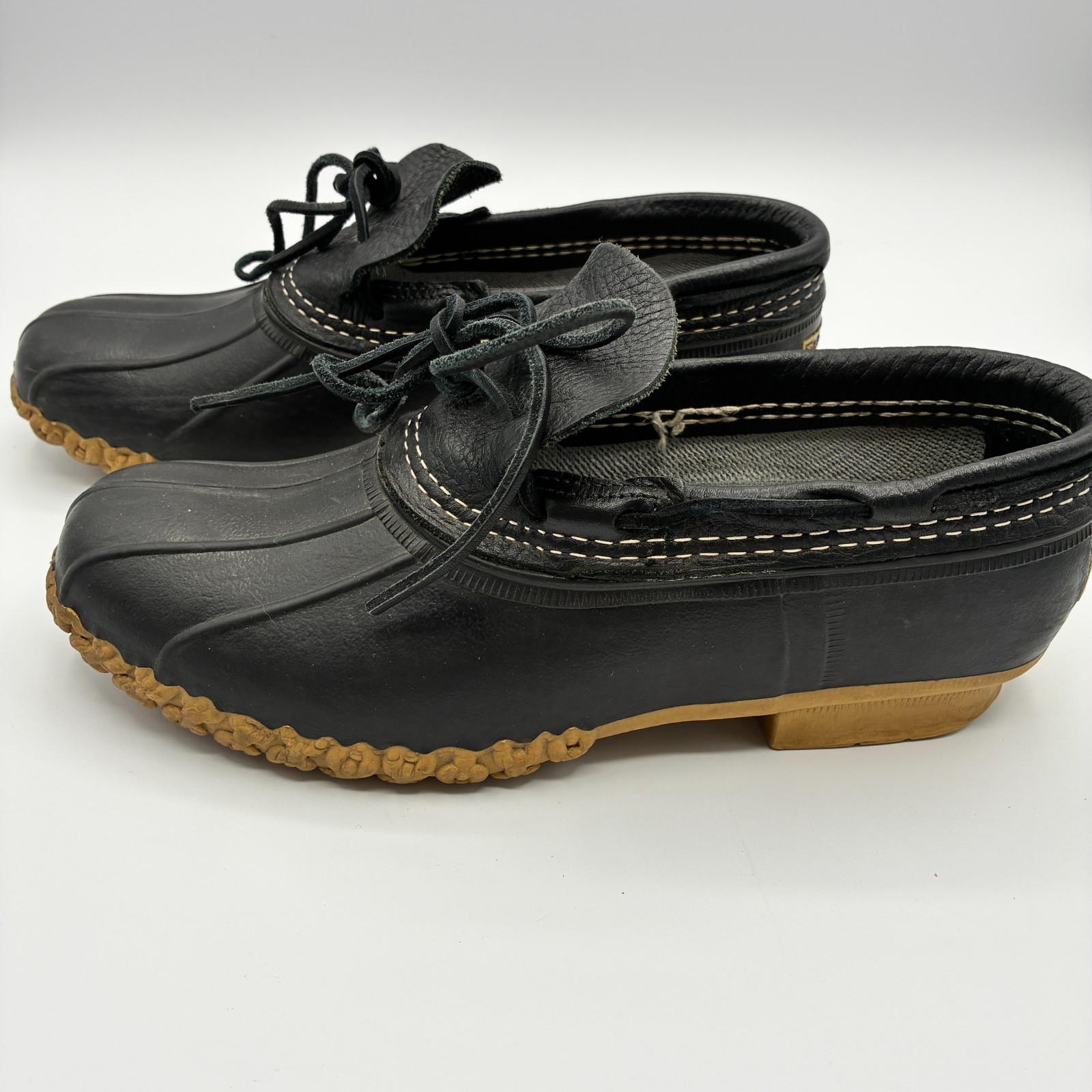 LL Bean Boots Womens 9N Black Low Moc Duck Rubber Leather Slip On Maine USA