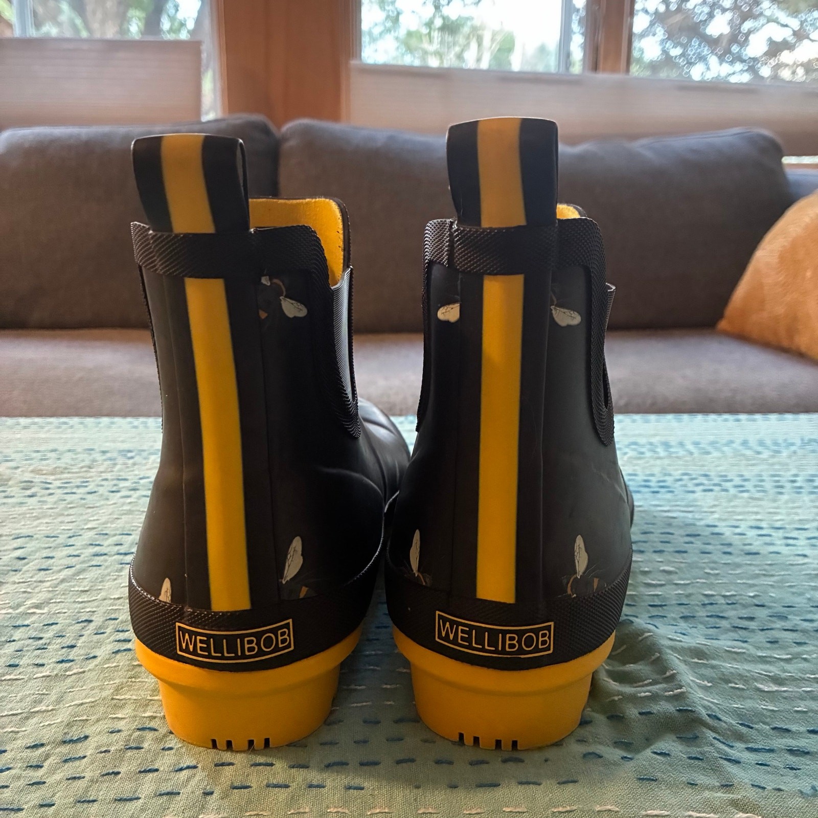 Joules Wellibob Bee Print Rain Boots Womens US 9 Black Yellow Ankle Wellies