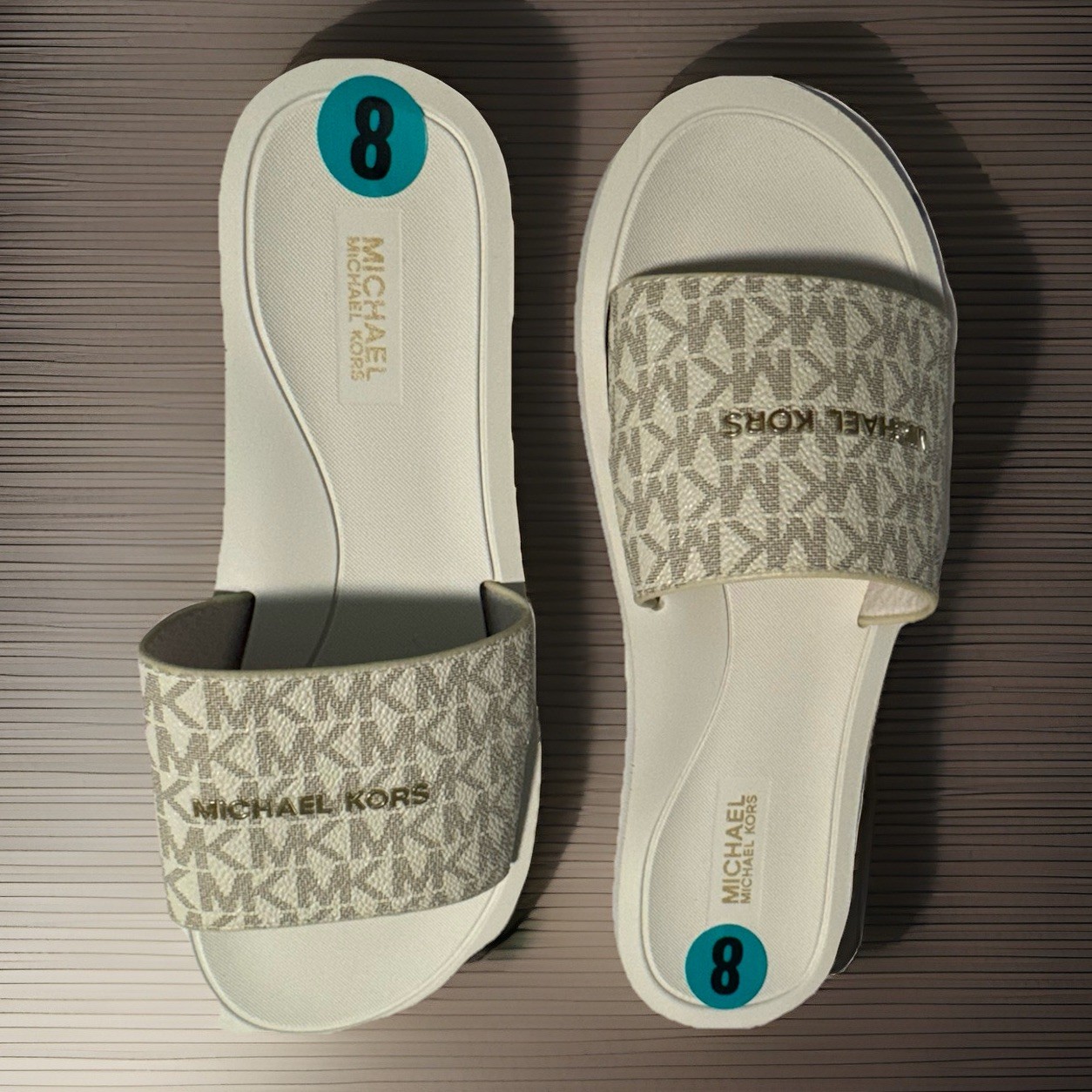 NEW Michael Kors Women Slide Brown Logo Printed Sandals,Sz. 7 M