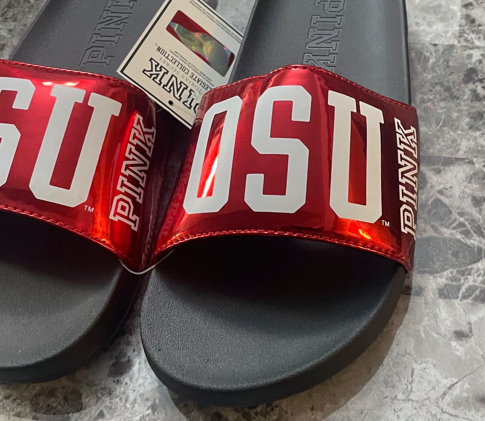 NWT VICTORIA’S SECRET PINK M L RED WHITE OHIO STATE OSU SLIDES SLIP ON SANDALS