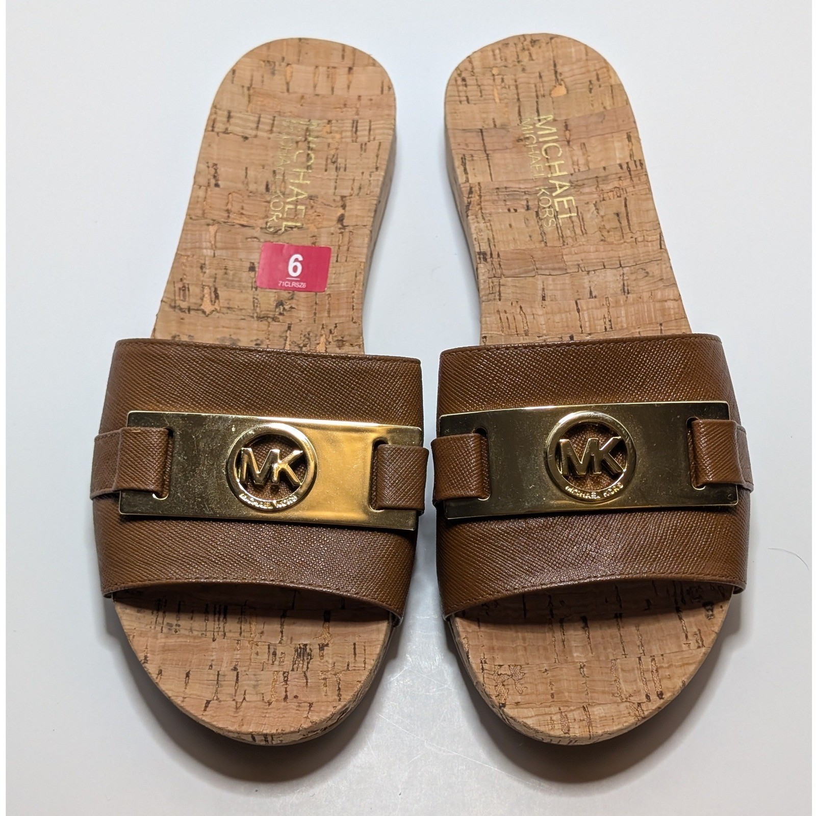 Michael Kors Warren Brown Saffiano Leather Cork Slide Sandals Gold MK Women 6M