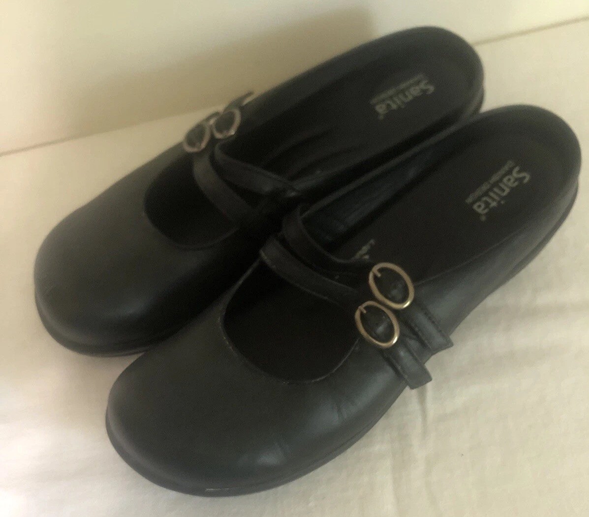 Sanita Clogs Danish Design Black Leather Mary Jane Liquicell Slides Clogs Size10