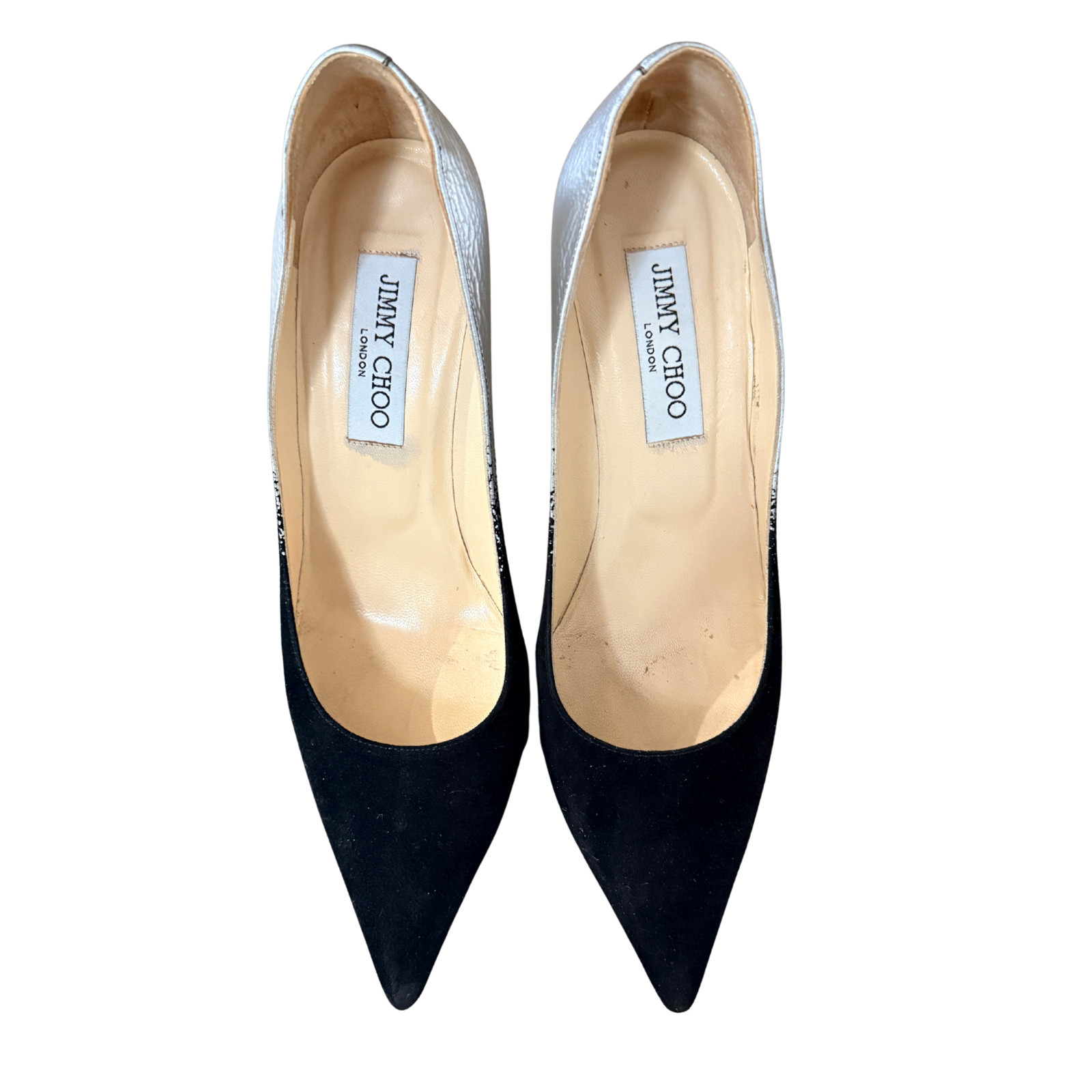 Jimmy Choo London Black/Silver Suede & Leather Pointed Size 37.5 (gently used)