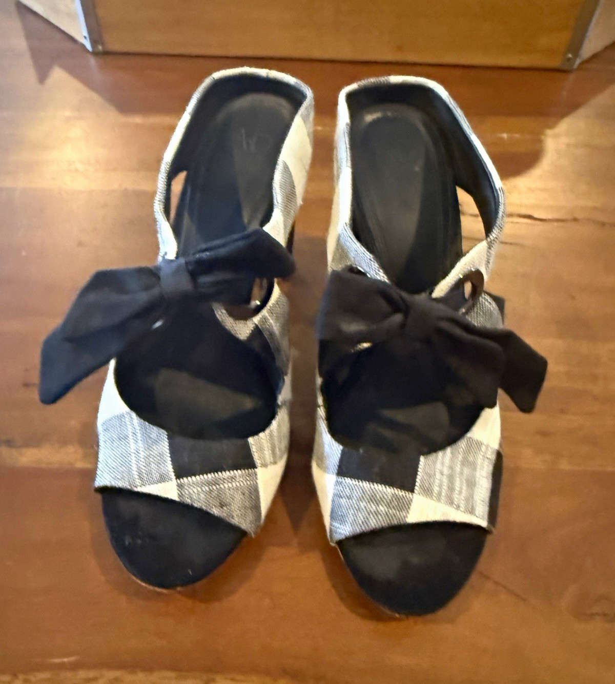 AD & Daughter Womens US 8 Black White Plaid Open Toe Bow Tie Block Heels