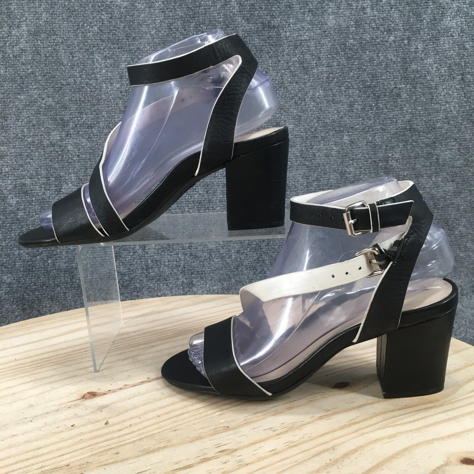 Tahari Sandals Womens 7 M Pansy Ankle Straps Black Leather Buckle Heels Casual