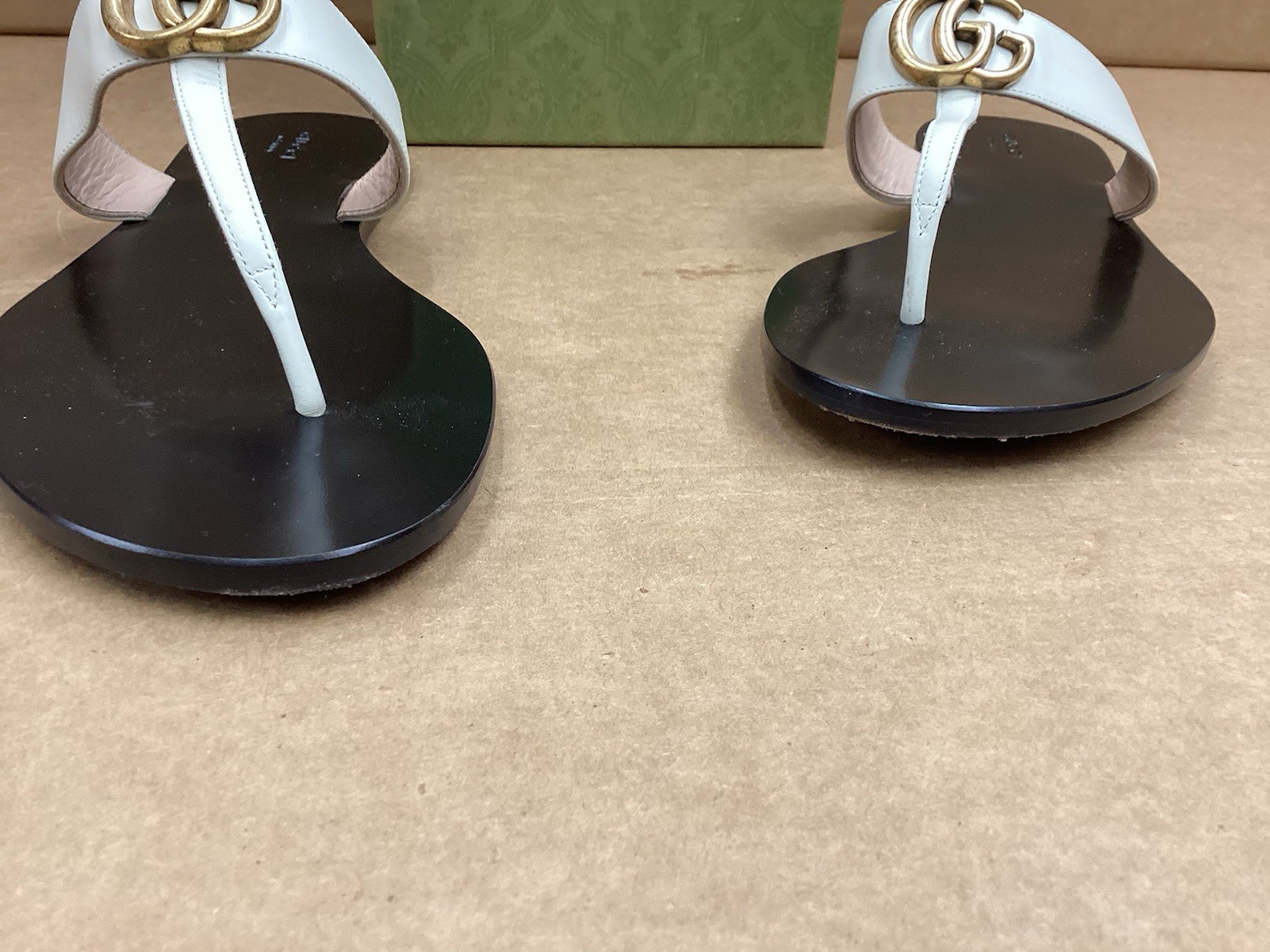 Gucci GG Marmont Thong Sandal , Gold / Black , White Leather , Sz 42