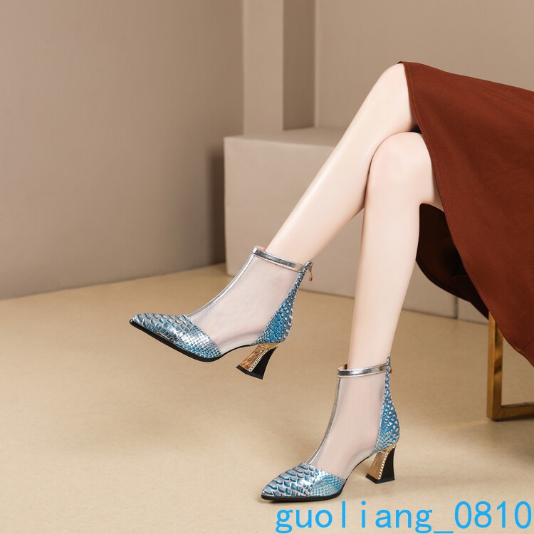 Snakeskin Women’s Mesh Leather Ankle Boots Pointed Toe Shoes Zip Block Heel Sexy