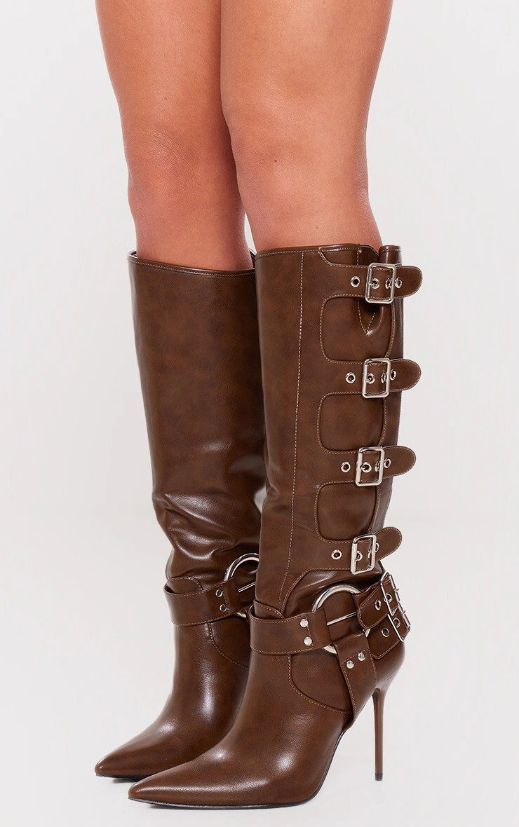 Pretty Little Thing Chocolate PU Point Toe Buckle Knee High Heel Boots Size 5