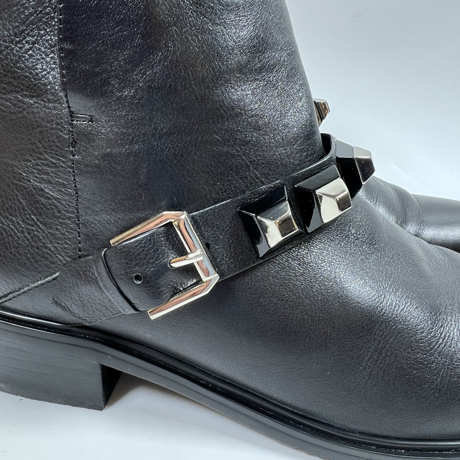 Balidoner Black Leather Ankle Boots Buckle Strap Studded Moto Biker