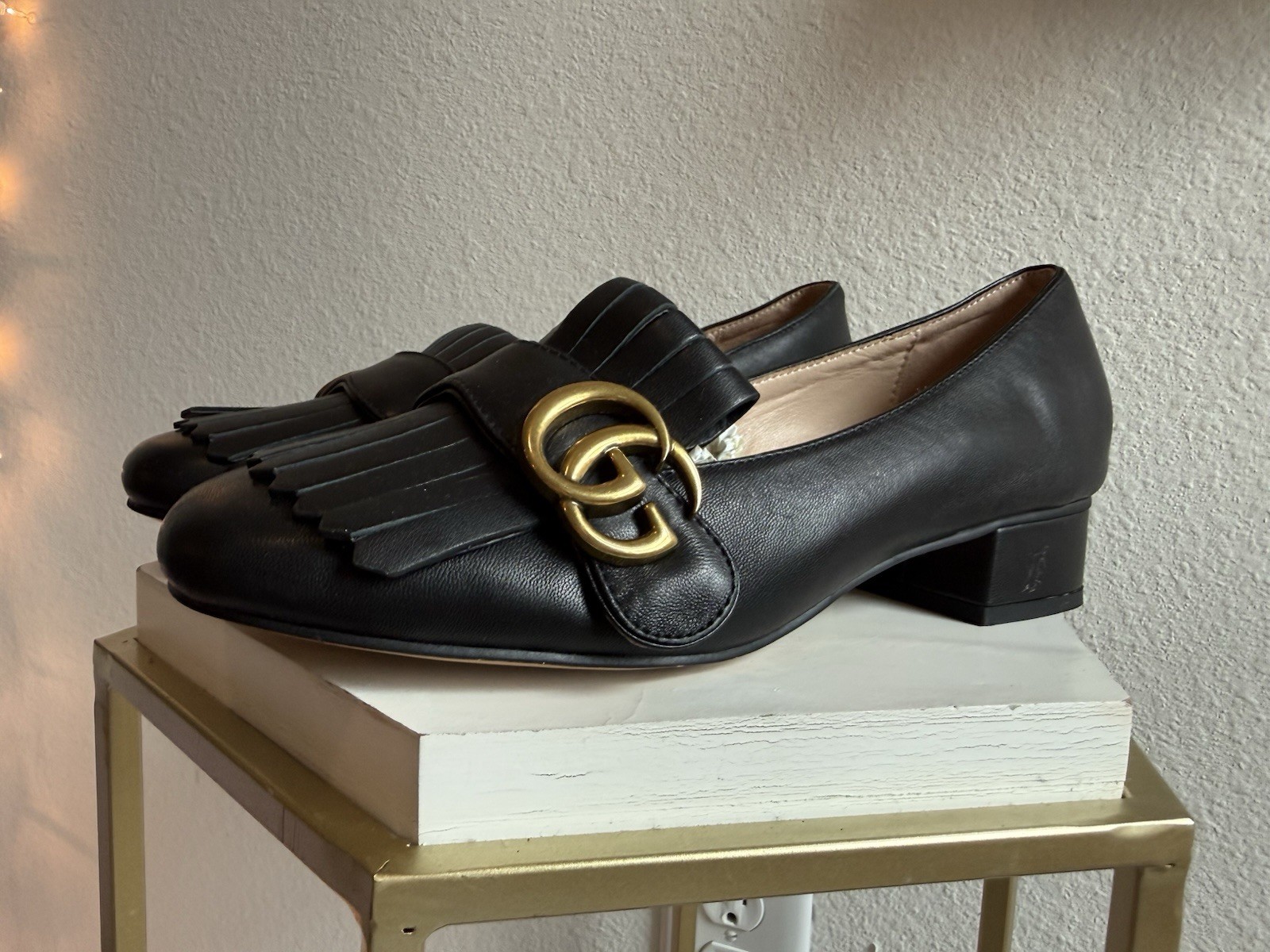 Gucci Black Leather Fringe Marmont Loafer Pumps Shoes Size 40 US 9.5