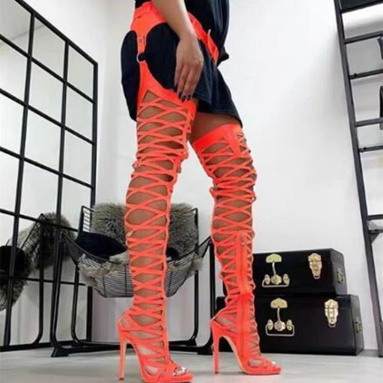 Women Boots Neno Bright Fishnet Crotch Thigh High Boots With Waist Belt Open Toe