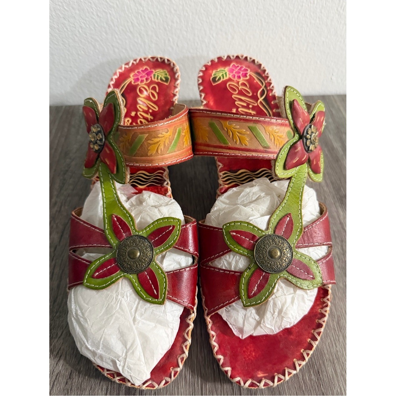 Elite By Corkys Poppy Sandals Heel Multicolor Floral Hand Art Design Women Sz 11