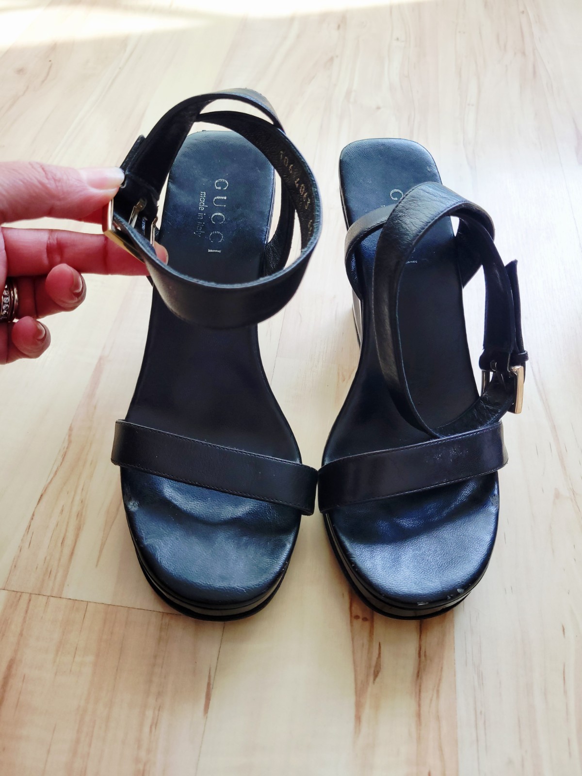 Gucci Ankle Strap Wedges Heels Black Size 6/12B