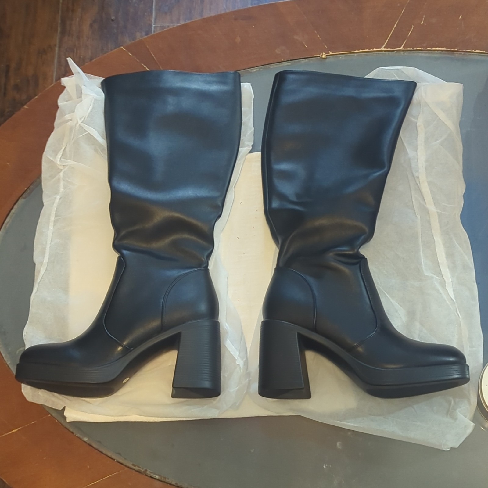 SOVANYOU Black Knee High Platform Boots Square Toe Side Zip Faux Leather 7.5