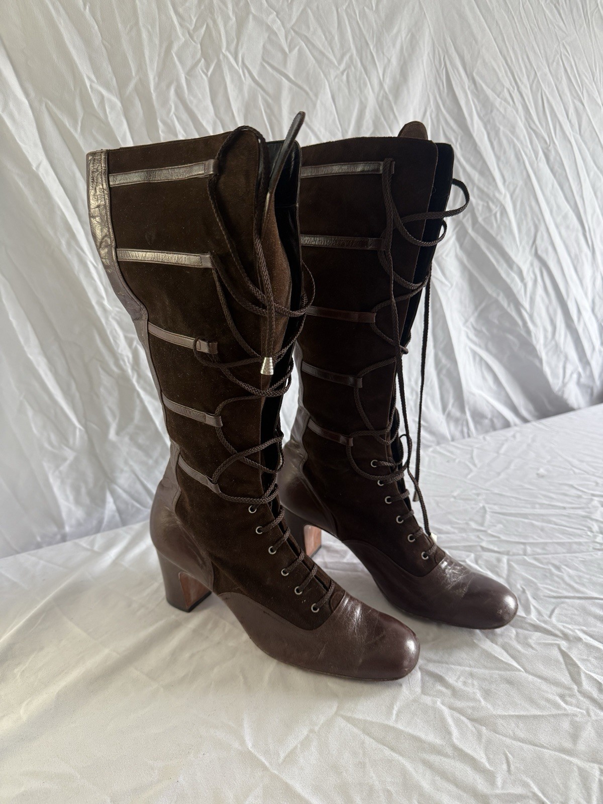Ultima Women’s Brown Leather Knee High Riding Boots Lace Up Round Toe Size 7.5