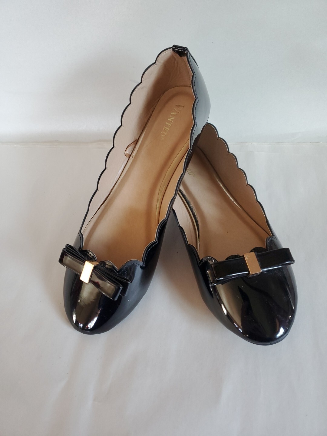 Wanted Sz 8 NOS Black Patent Look Flats Bow Toe Gold Buckle New Old Stock