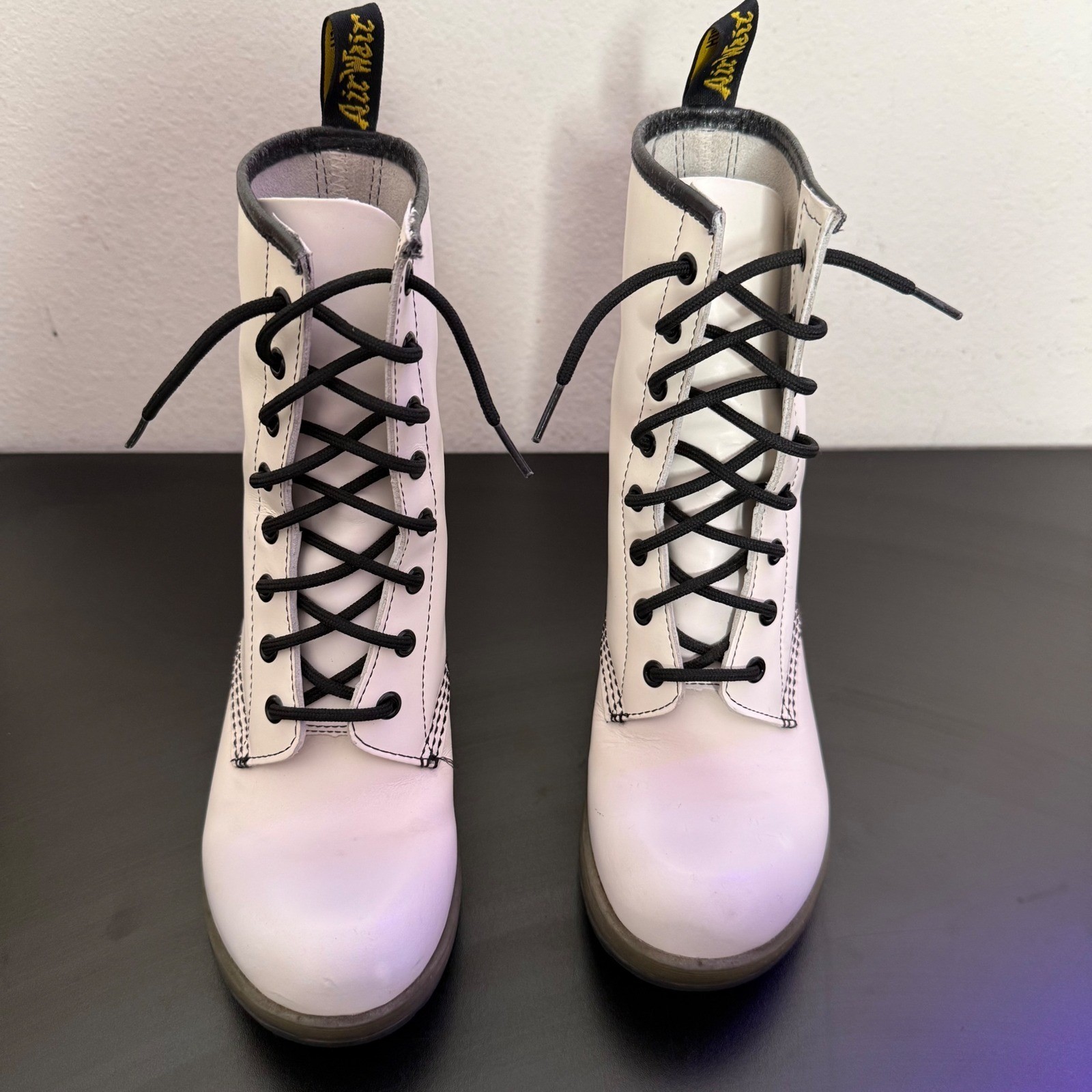 Dr Martens Darcie Heels White Leather Lace Up Boots Size 7 Statement Chunky