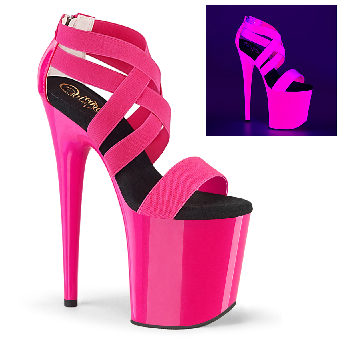 PLEASER FLAMINGO-869UV 8 Heel Neon Pink Elastic UV Reactive Platform Women Shoes