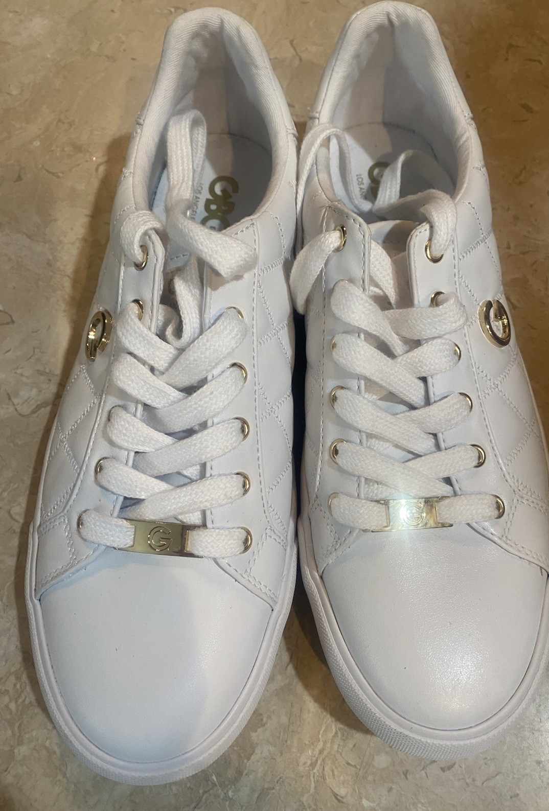 GBG Los Angeles White Quilted Lace-Up Sneakers With Gold Accents