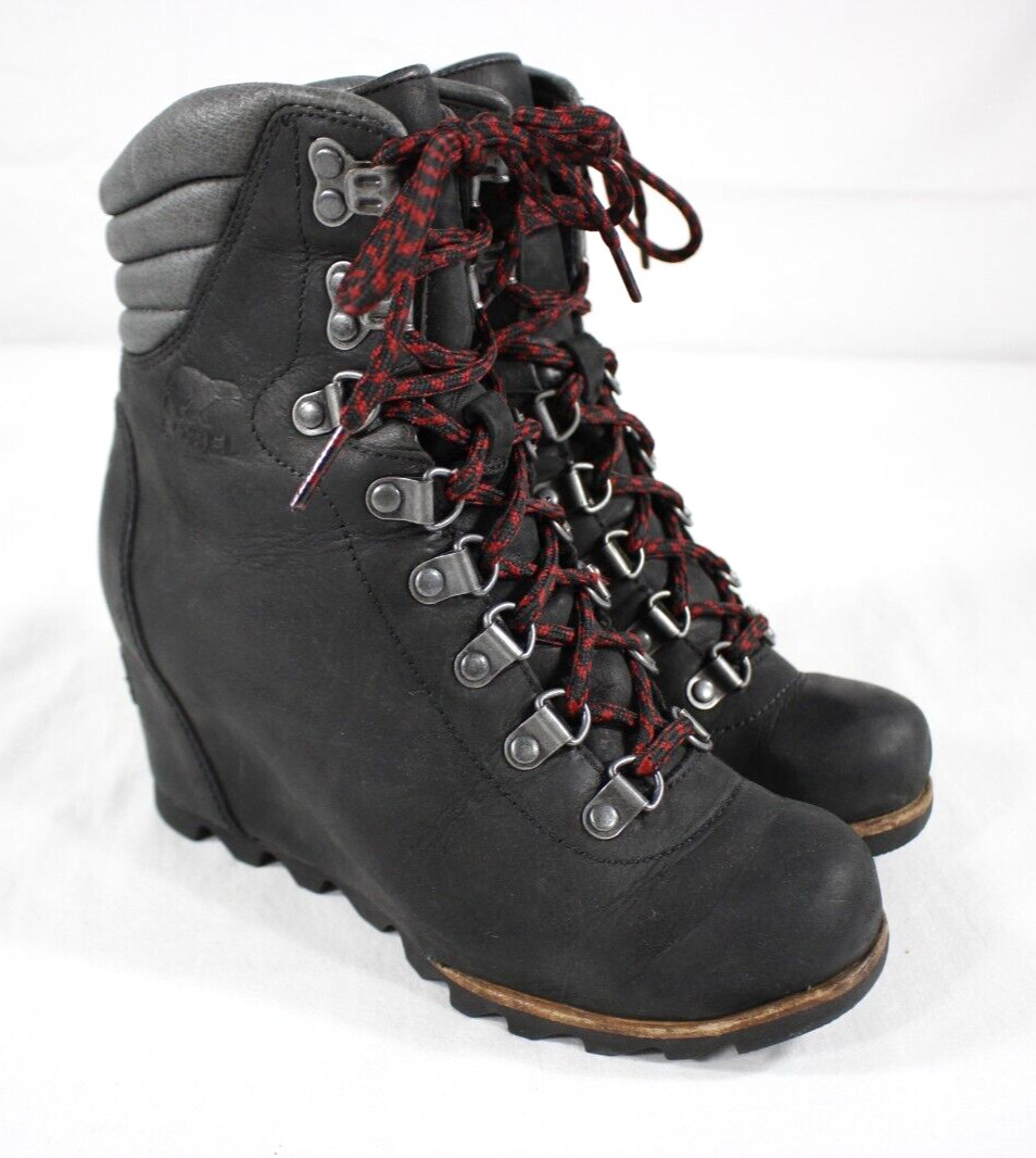 Sorel Boots Women’s 5.5 Conquest Wedge Ankle Hidden Heel Leather NL2337 Black
