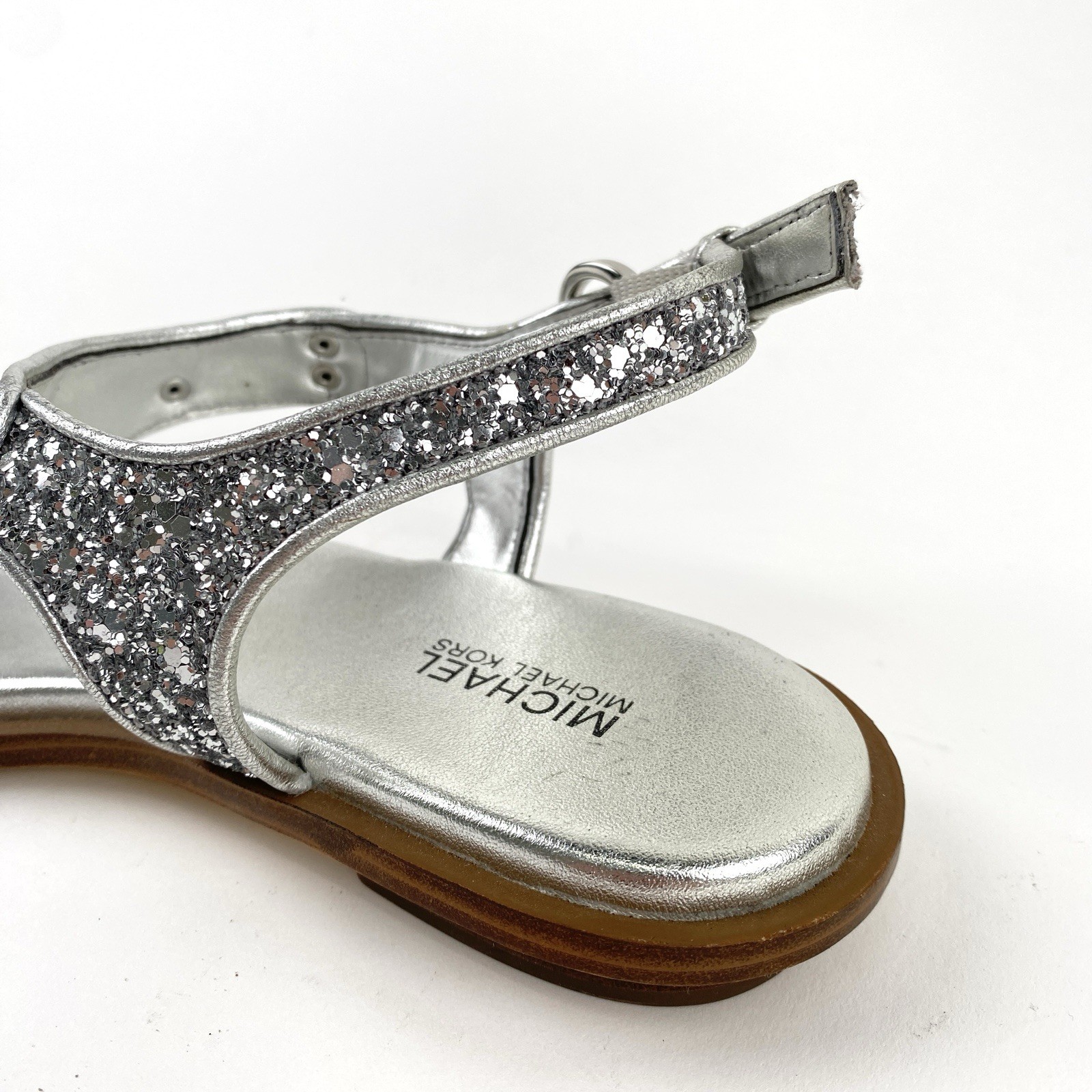 Michael Kors MK Plate Silver Glitter Thong Ankle Strap Sandals Women’s Size 6.5M