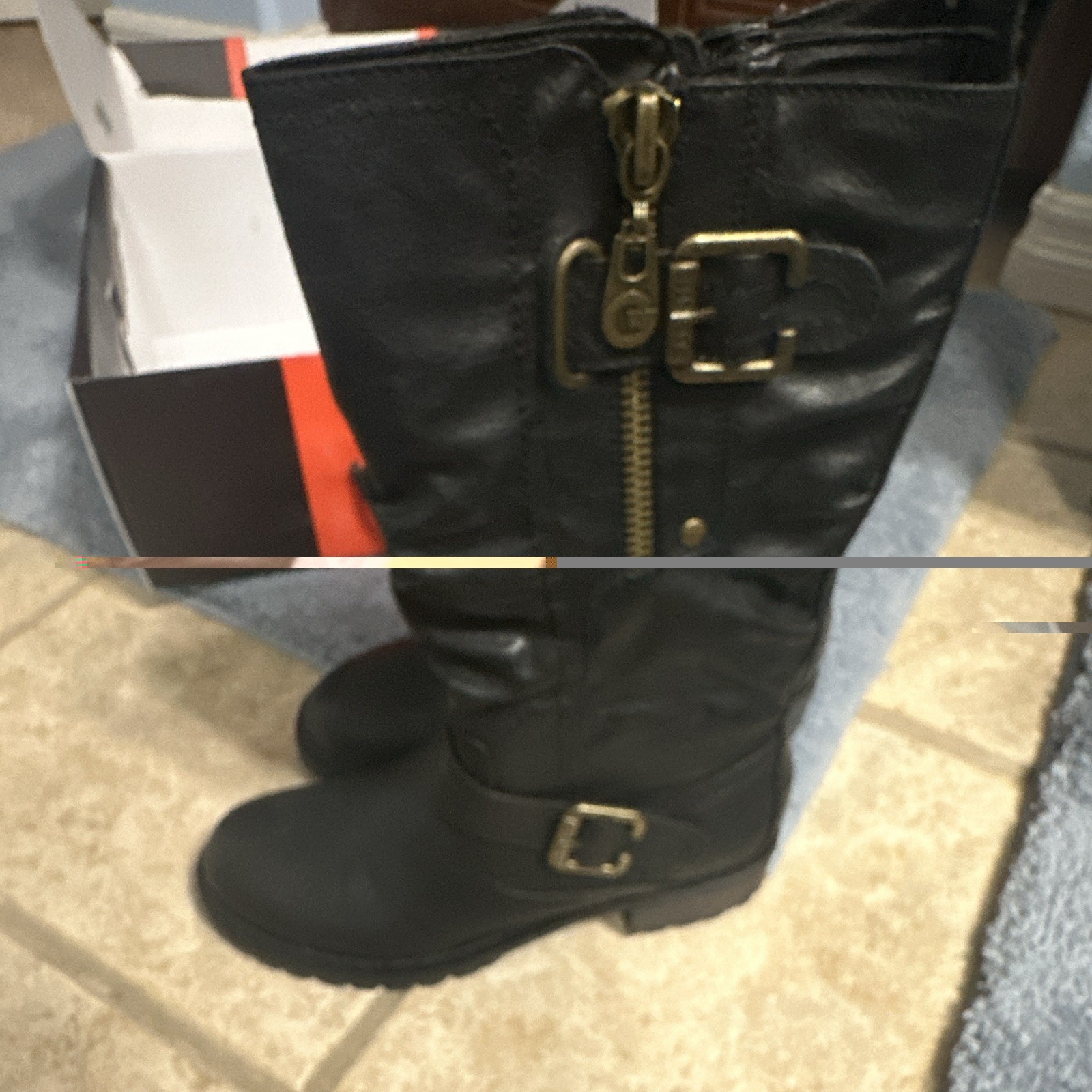 G by GUESS Yvone Black Leather Knee High Riding Boots Zipper Buckle Women 5.5M