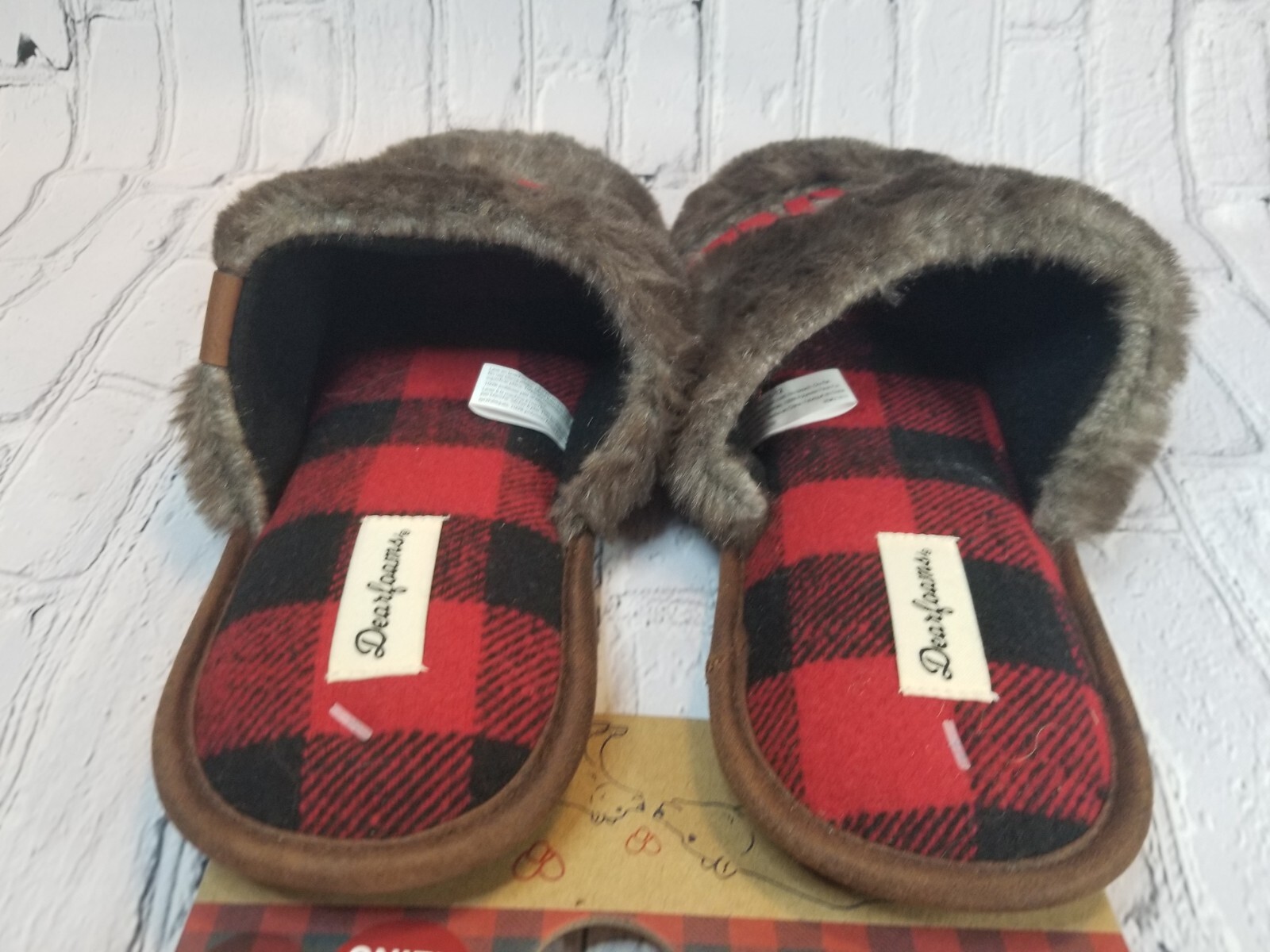 Dearfoams Grand Bear Slippers Unisex Faux Fur Red Blk Buffalo Check W11-12 M9-10