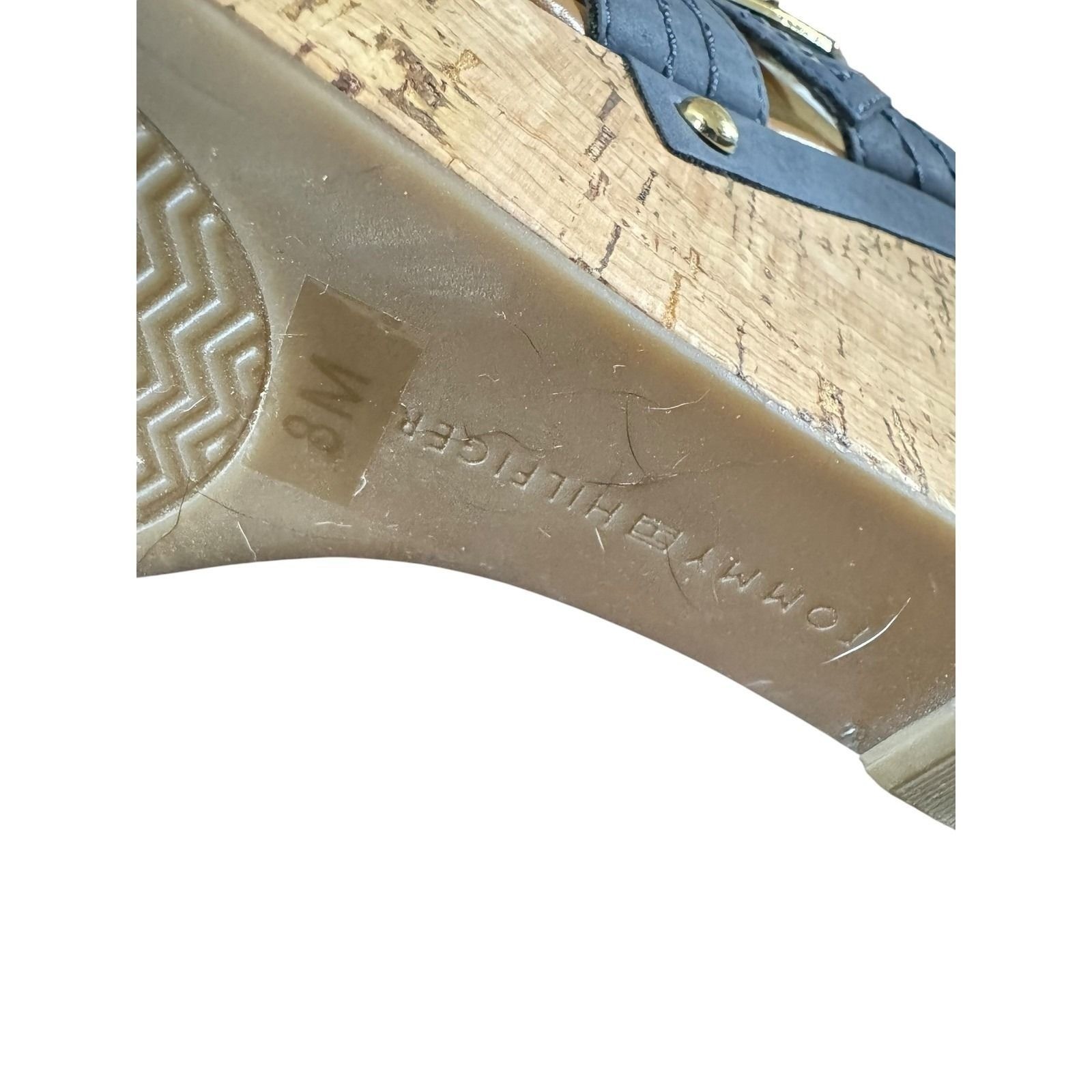 Tommy Hilfiger Womens Navy Blue Cork Wedge Sandals Gold Turn Lock Hardware 8M