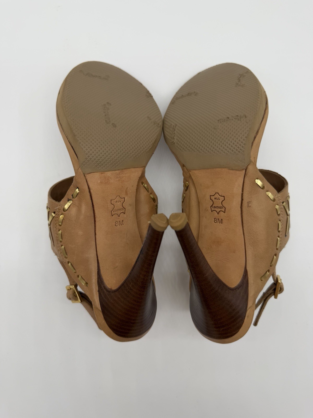 Tory Burch Caylan Leather Sandals Tan Gold Toe Ring Boho Style Heels Tribal Sz 8