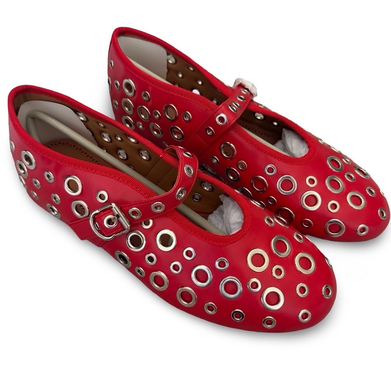 Red Grommet Mary Jane Flats Buckle Strap Eyelet Shoes Womens 8.5 NEW