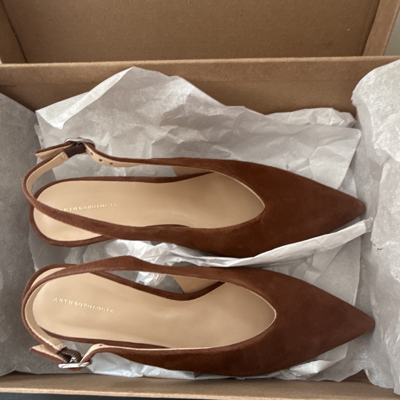 Anthropologie Brown Suede Pointed Toe Slingback Buckle Heels 6.5W