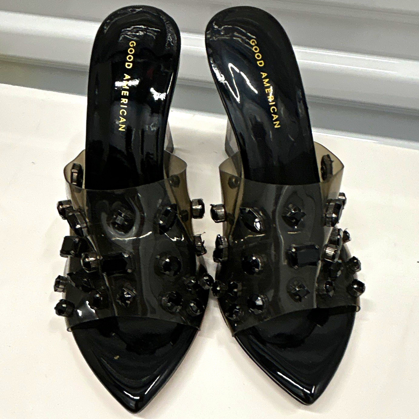 Good American Women’s Black Plastic Pointed Toe Block Heel Mule Slip On US 11