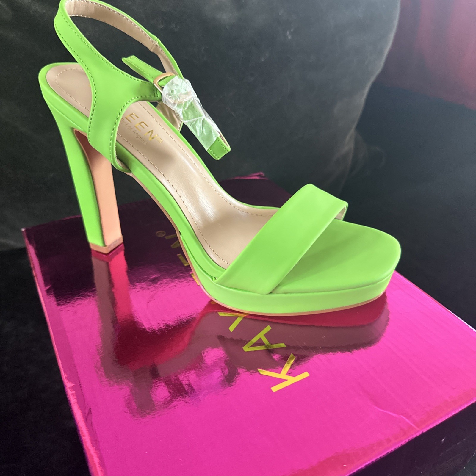 Kayleen Women’s 7 Matte Lime Green Platform Block Heel Ankle Strap Buckle