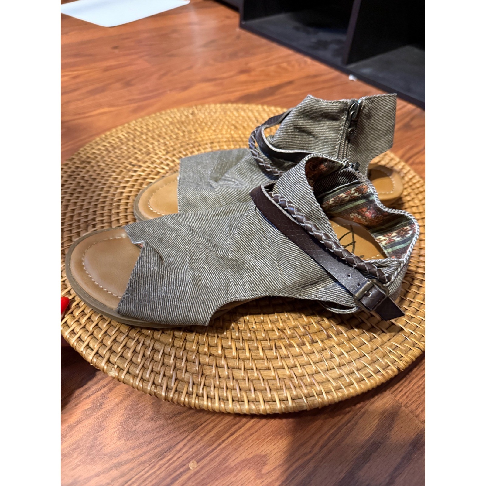 Blowfish Malibu Babie Smokey Grey Canvas Ankle Strap Sandals Womens 7.5