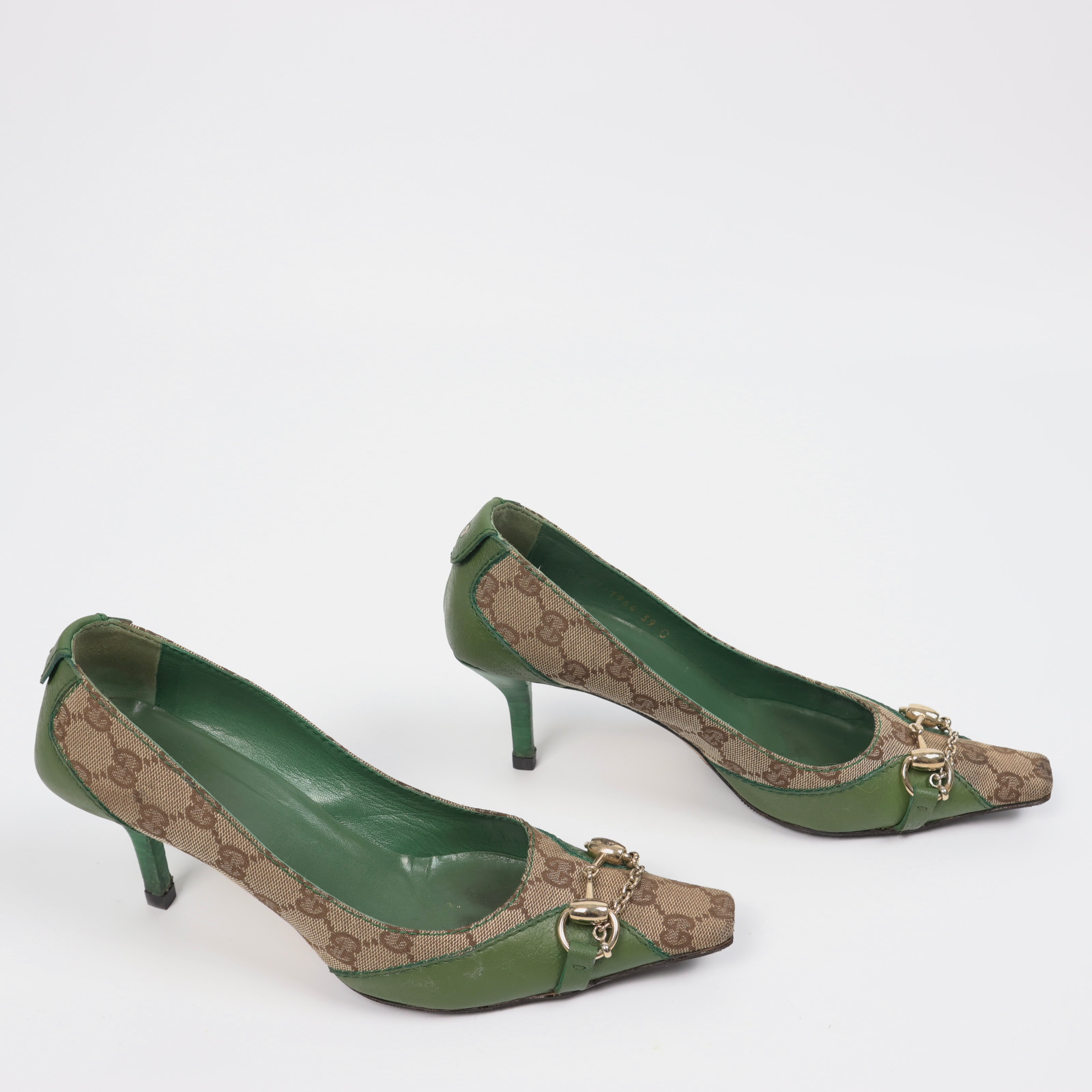Gucci Vintage GG Monogram Canvas Green Leather Horsebit Pumps Size EU 39 / US 9