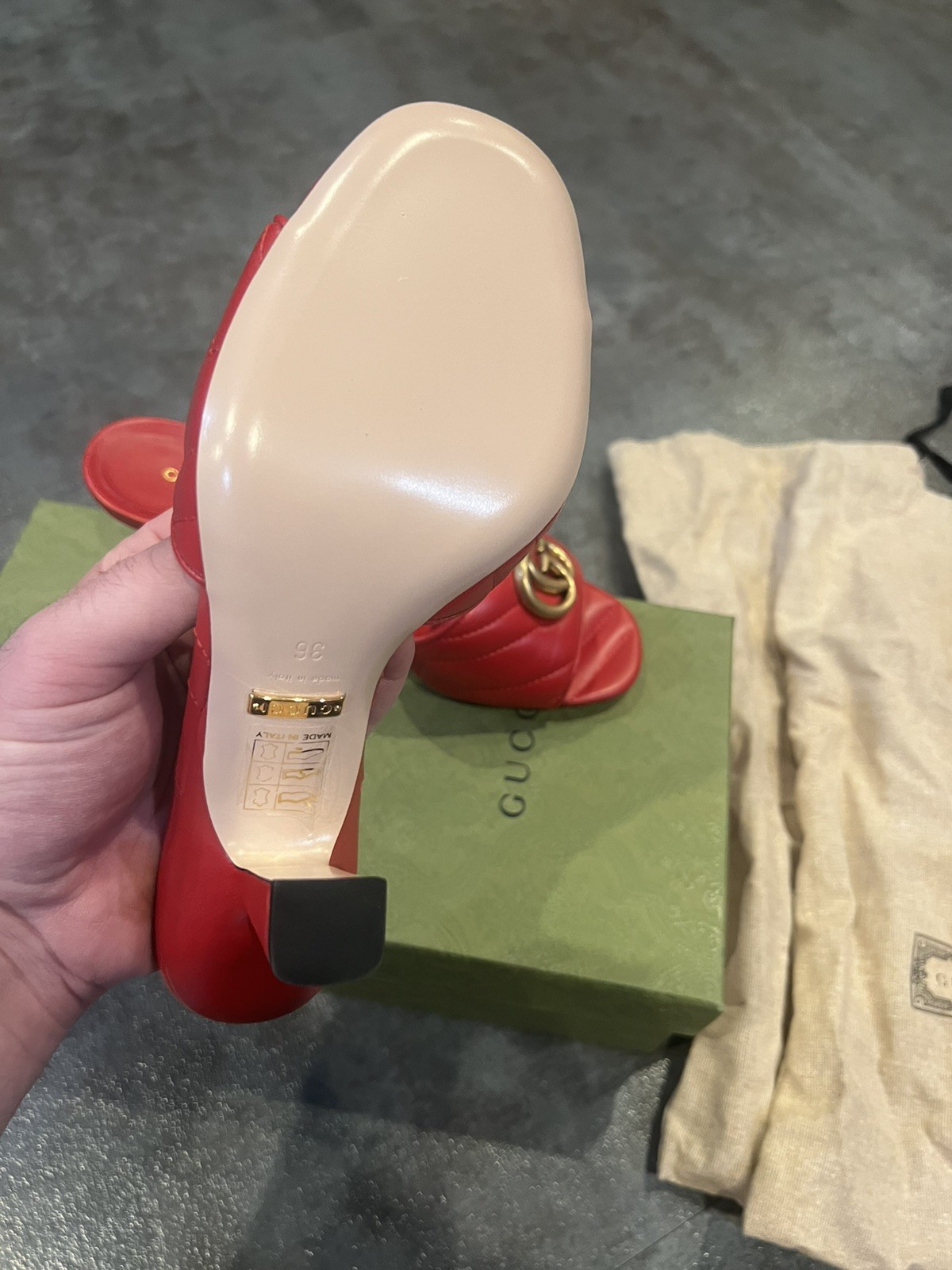 Gucci Marmont GG Quilted Leather Chevron Sandals Slides Maple Red US 6/ EUR 36