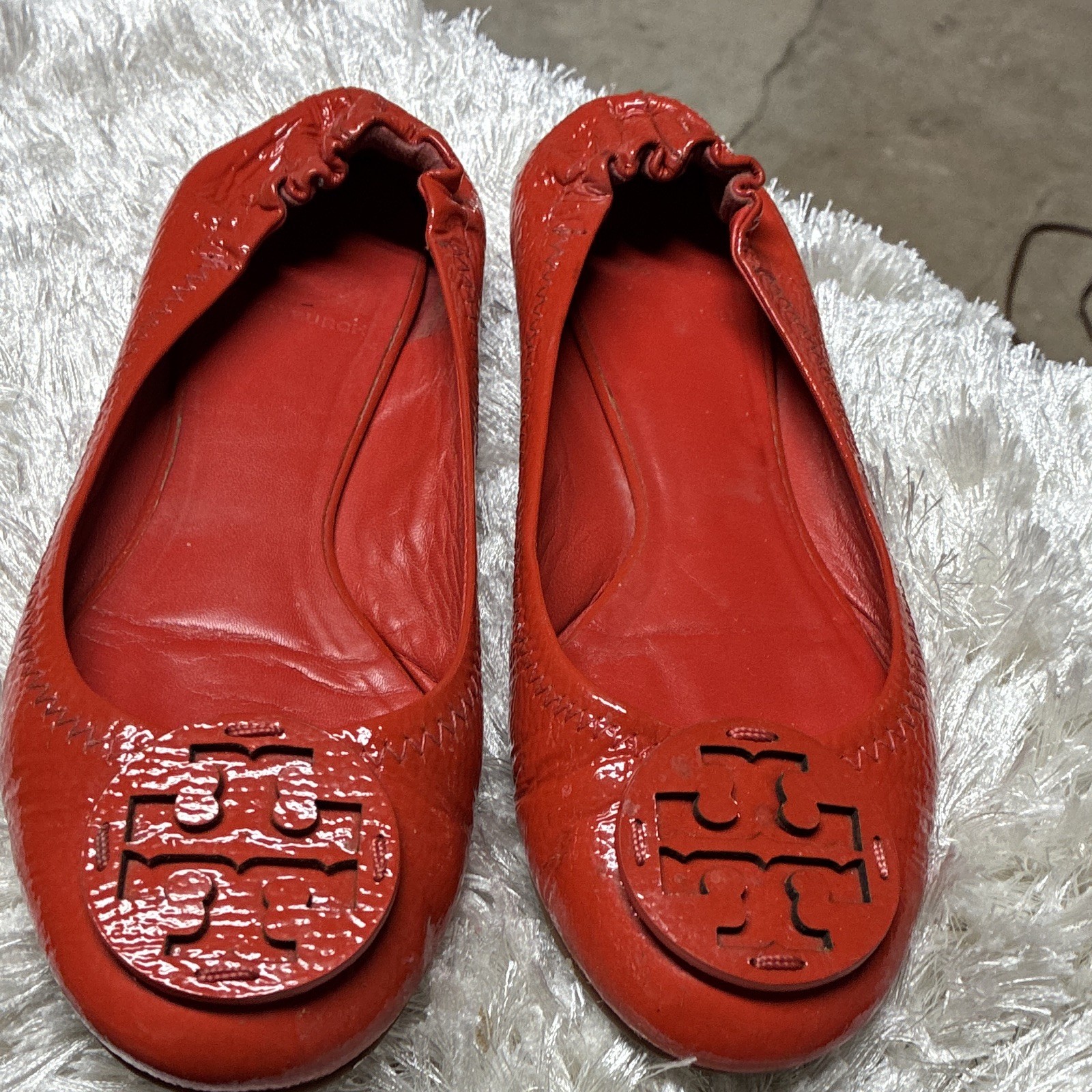 Tory Burch Women’s Orange Patent Leather Ballet Flats Logo Slip-On Round Toe 7M