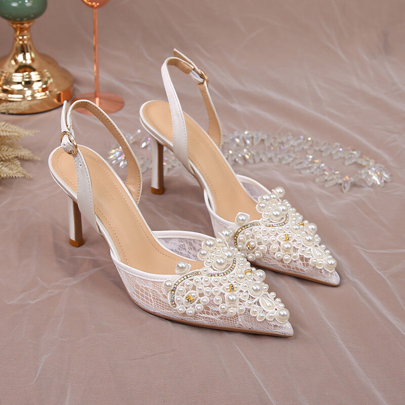 Womens Pearl Lace Pointed Toe Sandal Shoes Slingback Buckle Pumps Stiletto Party