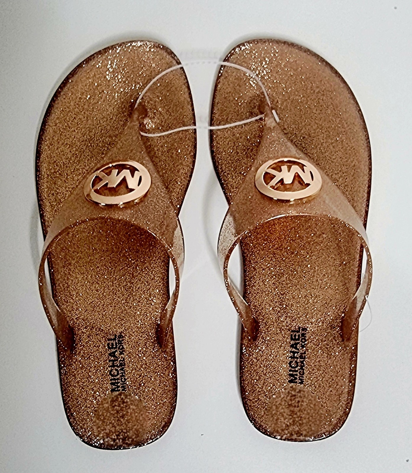 💥Michael Kors Women Gold Glitter Thong Flip Flops Logo Jelly Sandals Sz 8M