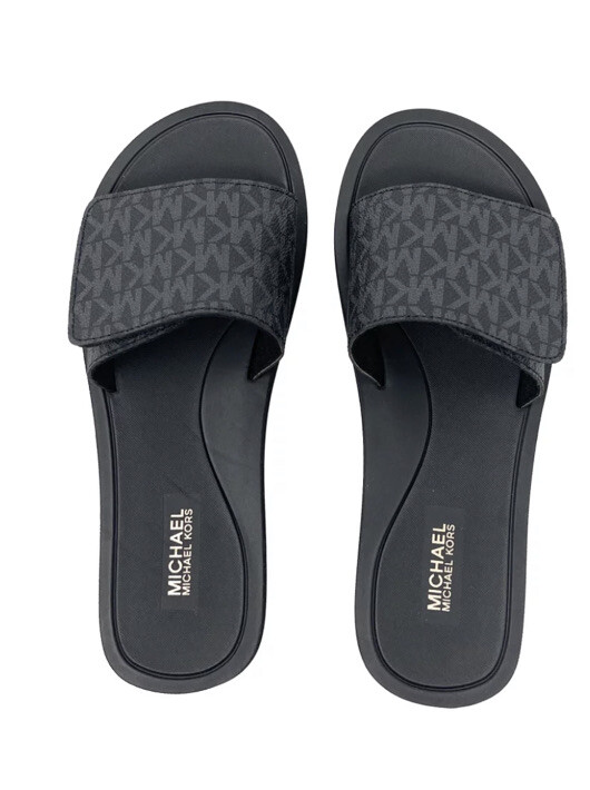 Women MK Michael Kors Wade MK Logo Slide Sandals Mini MK Logo Black