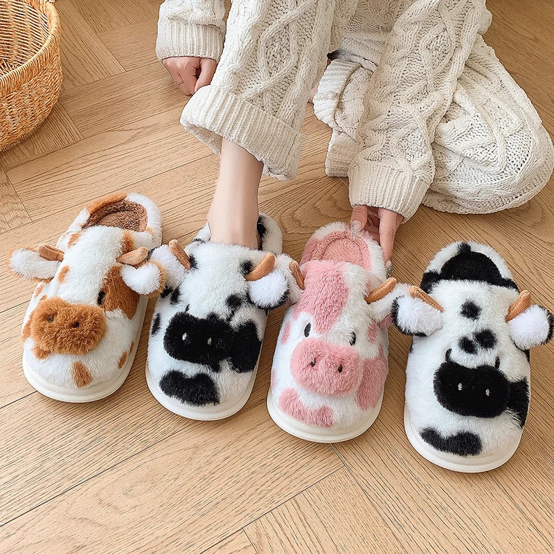Fluffy Women’s Slippers Home Cartoon Cow Designer Winter Shoes Girls Flat Trend