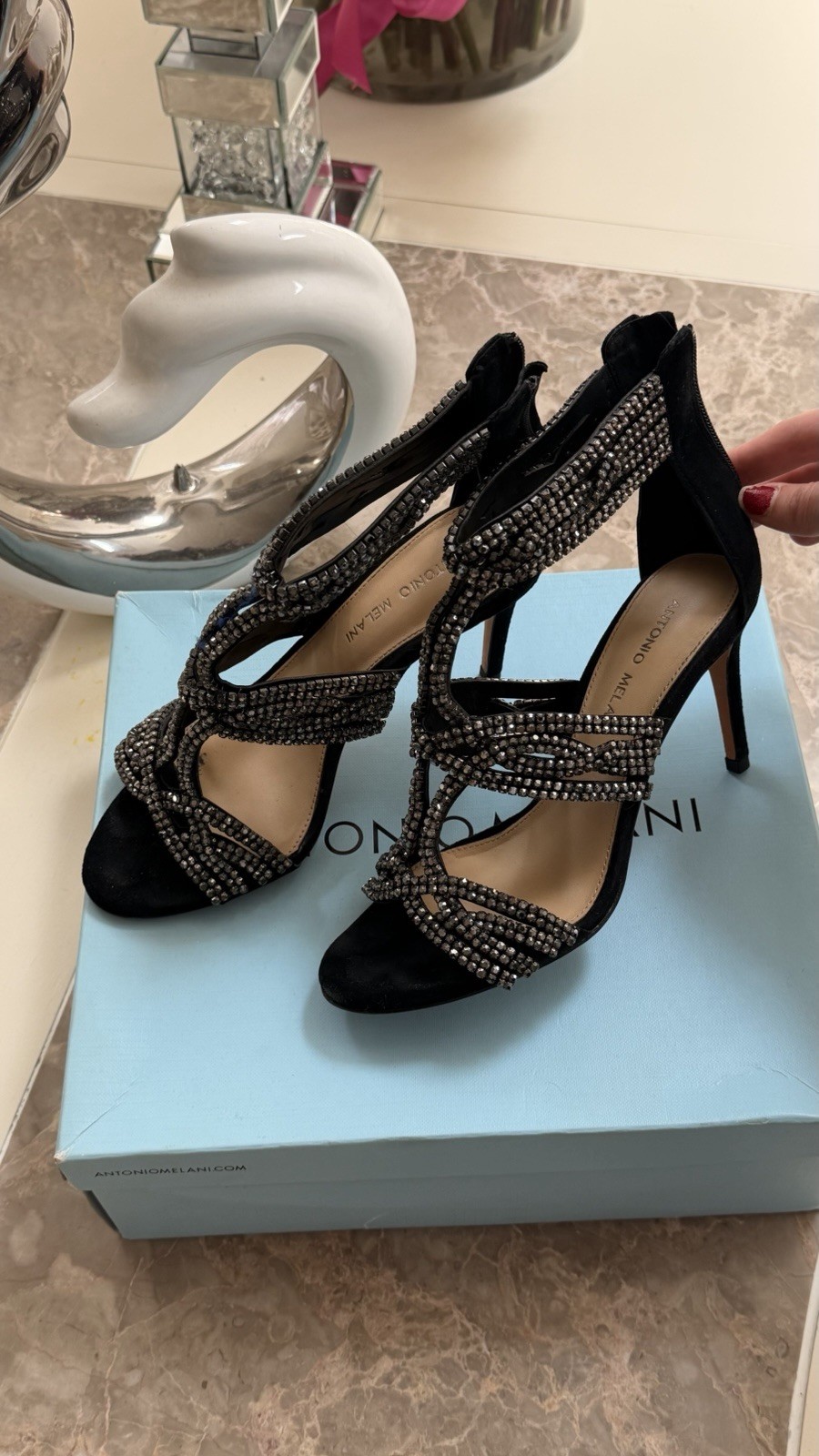 Antonio Melani Size 8.5 Black Suede Rhinestone Womens High Heel Sandal Stileto