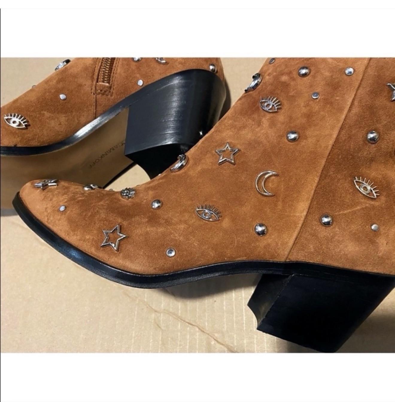 Rebecca Minkoff Lizzie Celestial Brown Silver Suede Studded Bootie Boot 7.5