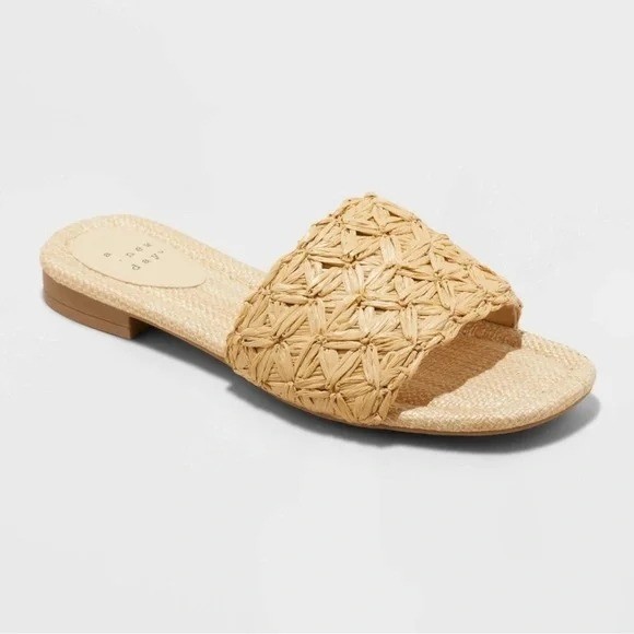 a New Day size 10, NEW Ariella Woven Raffia Slide Sandals Tan Memory Foam